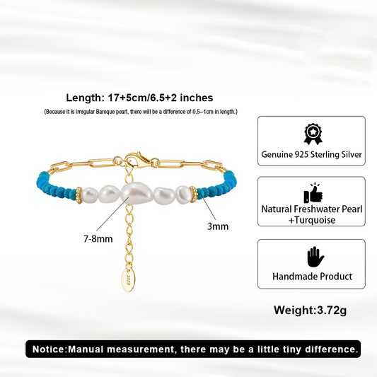 925 Sterling Silver Bracelet with Natural Freshwater Pearl& Turquoise/ 14K Gold Plated