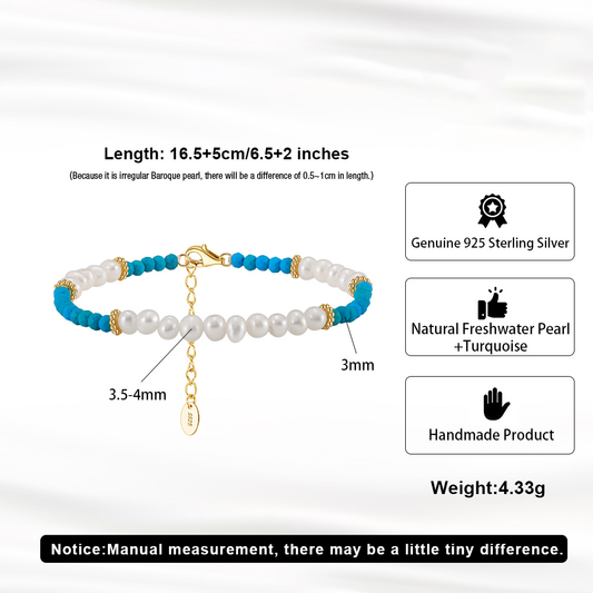 925 Sterling Silver Bracelet with Natural Freshwater Pearl& Turquoise/ 14K Gold Plated