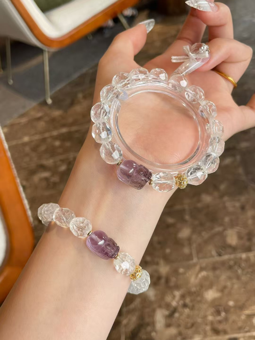 White Crystal Faceted Bead Bracelet with Amethyst Pi Xiu, Wealth & Luck Crystal Jewelry for Daily Wear