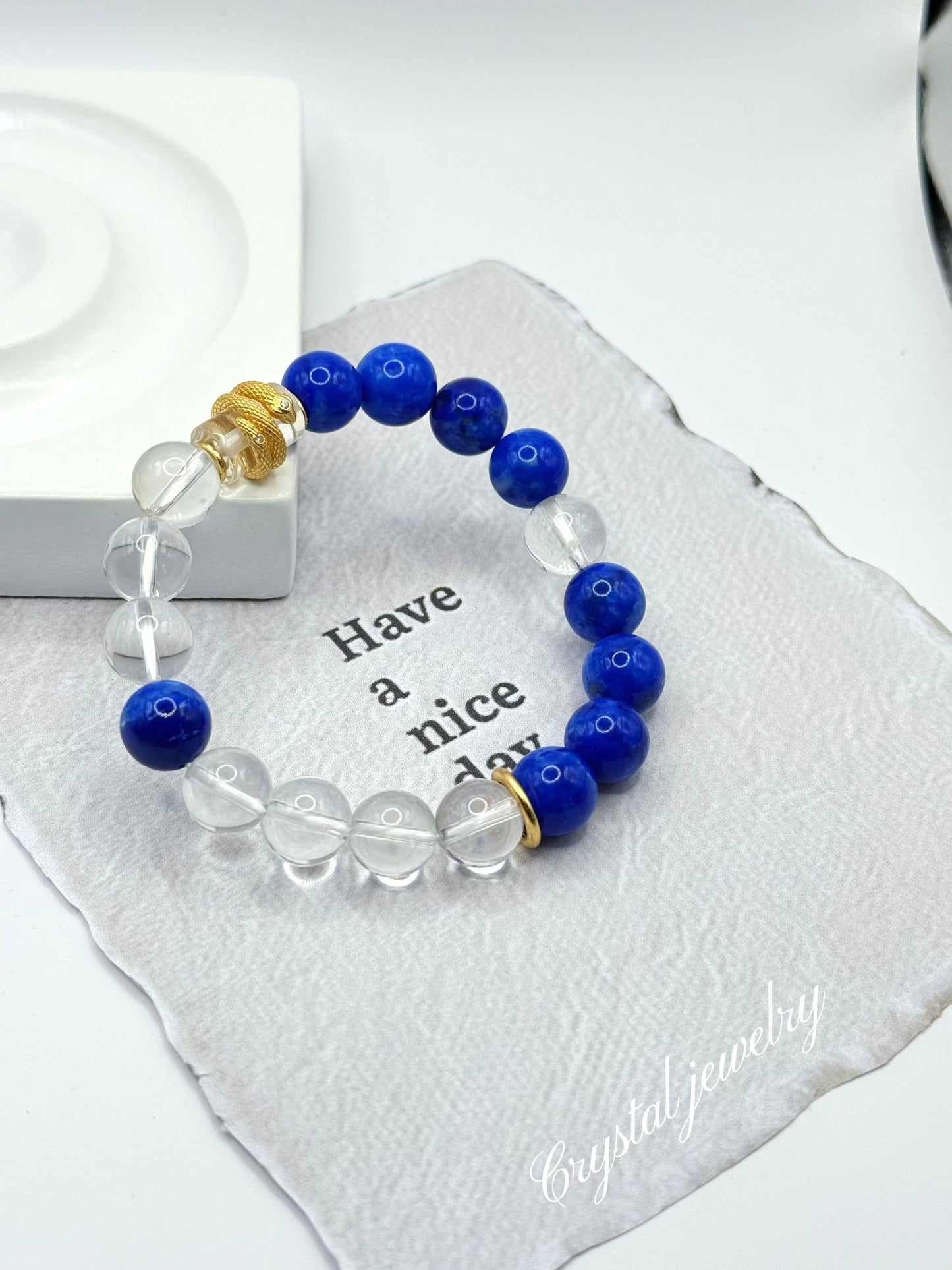 925 Sterling Silver Snake Clear Crystal & Lapis Lazuli Bracelet