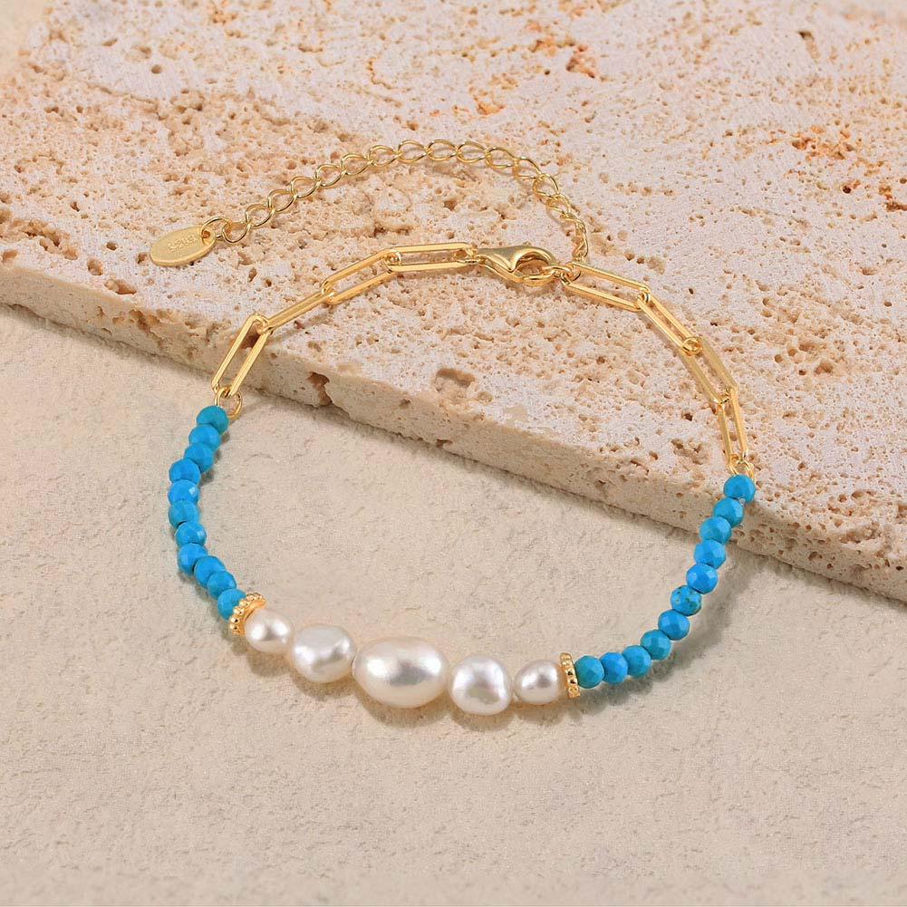 925 Sterling Silver Bracelet with Natural Freshwater Pearl& Turquoise/ 14K Gold Plated