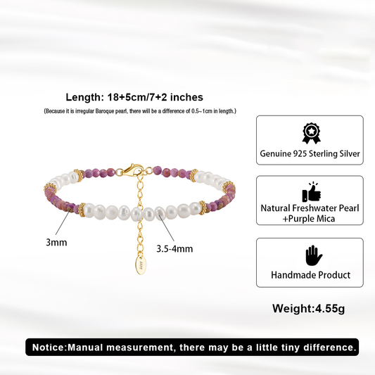 925 Sterling Silver Bracelet with Natural Freshwater Pearl& Purple Mica/ 14K Gold Plated