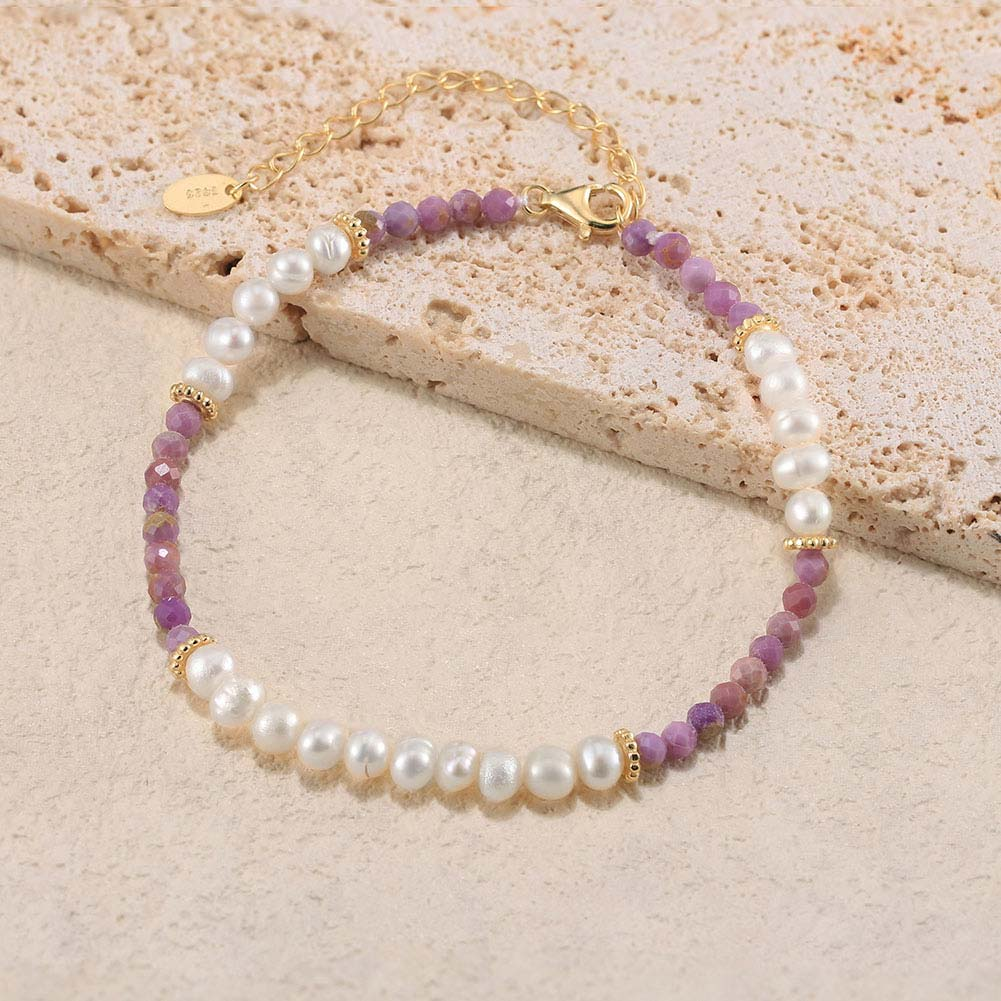 925 Sterling Silver Bracelet with Natural Freshwater Pearl& Purple Mica/ 14K Gold Plated