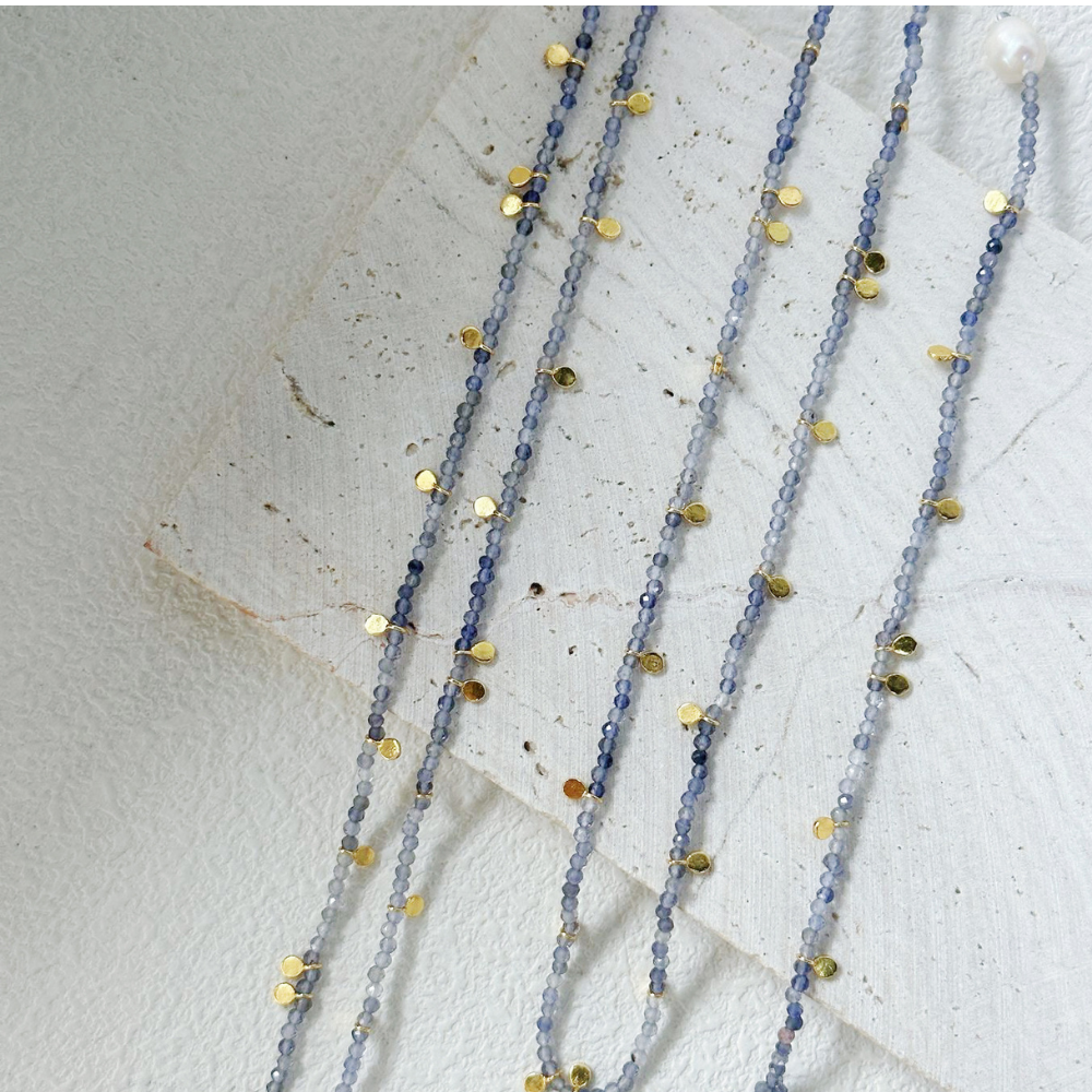 Blue Color Gemstone Necklace / Silver with Gold Plated / Two-layer