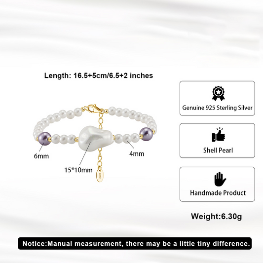 925 Sterling Silver Bracelet with Shell Pearl&Baroque 14K Gold Plated