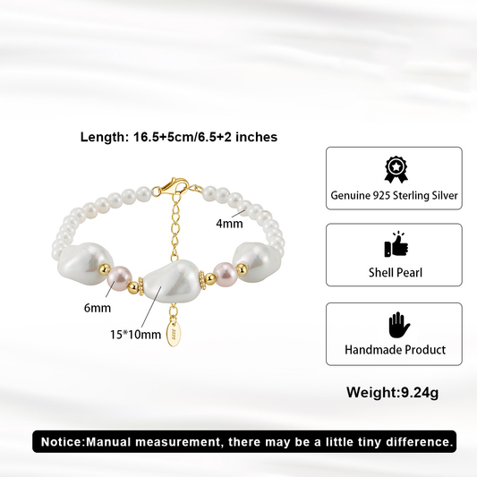925 Sterling Silver Bracelet with Shell Pearl&Baroque 14K Gold Plated