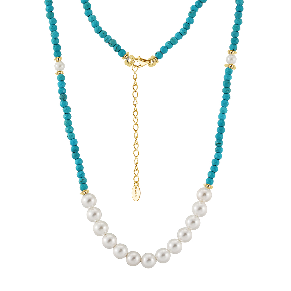 925 Sterling Silver withTurquoise and Shell Pearl Necklace with 14K plated