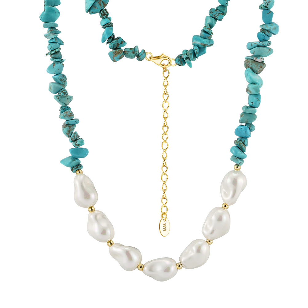 925 Sterling Silver with Turquoise  and  Baroque Pearl Necklace with 14K plated
