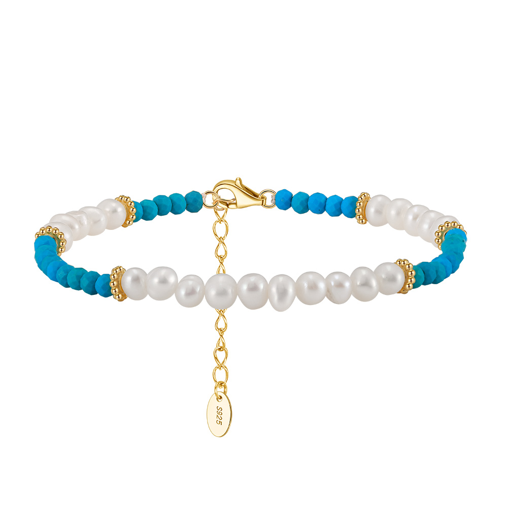 925 Sterling Silver Bracelet with Natural Freshwater Pearl& Turquoise/ 14K Gold Plated