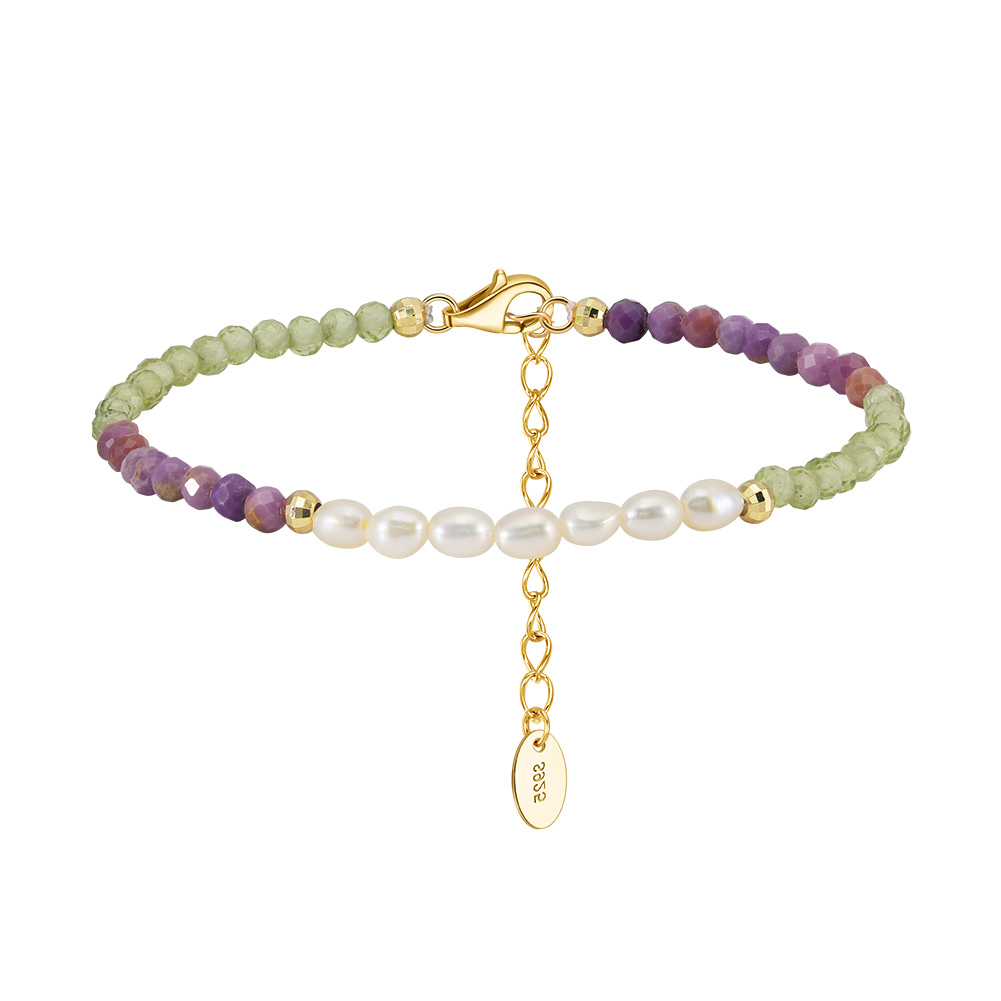 925 Sterling Silver Bracelet with Natural Freshwater Pearl,Peridot& Purple Mica/ 14K Gold Plated