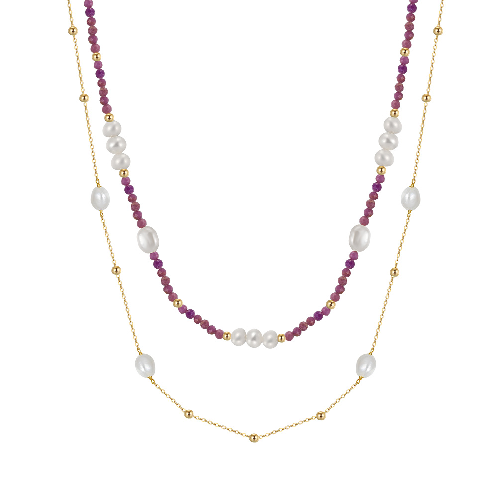925 Sterling Silver Freshwater Pearl&Purple Mica Necklace with 14K plated