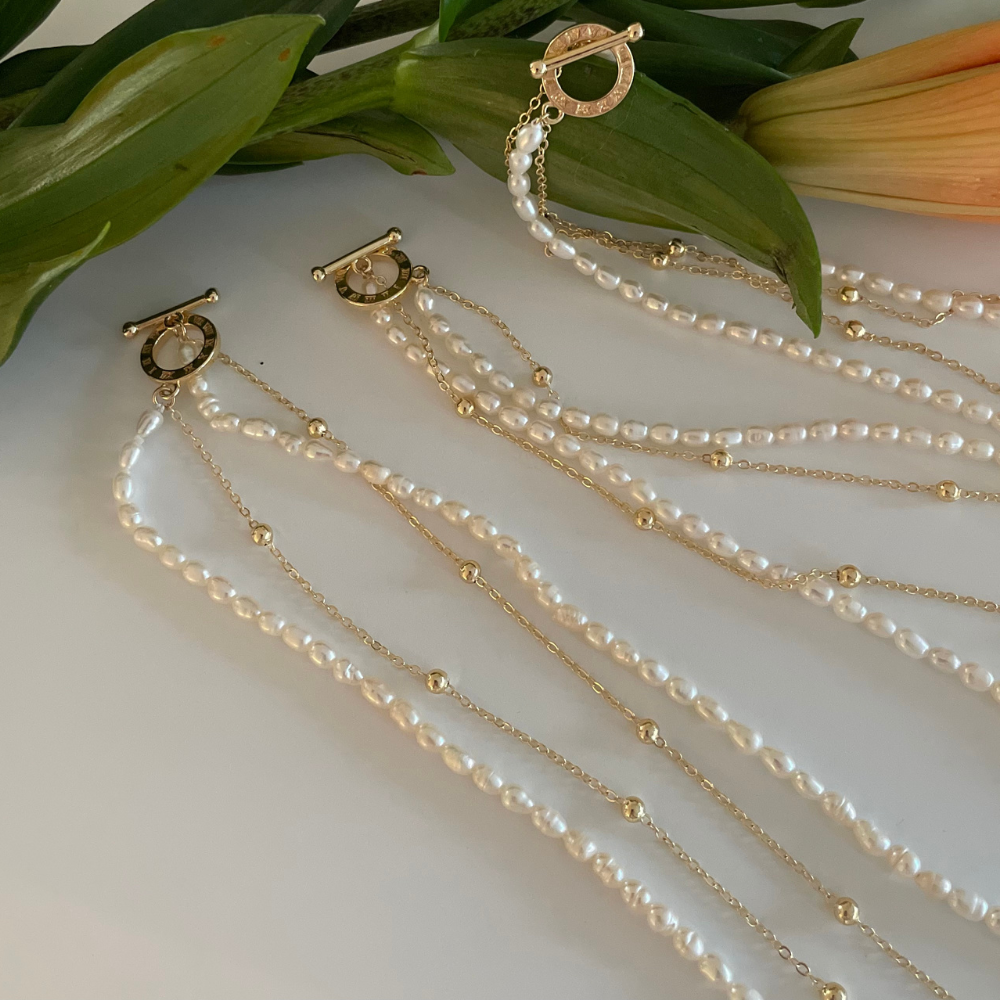 Double-layer Pearl Necklace / Rolled Gold necklace