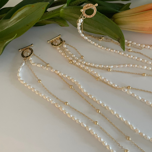 Double-layer Pearl Necklace / Rolled Gold necklace