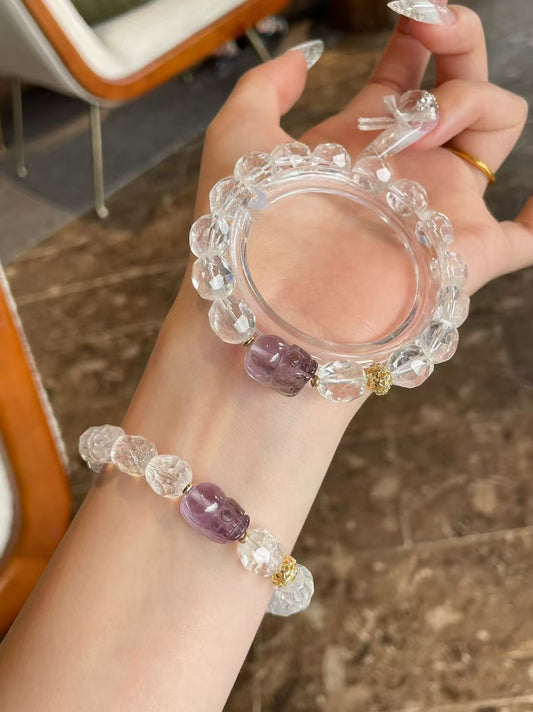 White Crystal Faceted Bead Bracelet with Amethyst Pi Xiu, Wealth & Luck Crystal Jewelry for Daily Wear