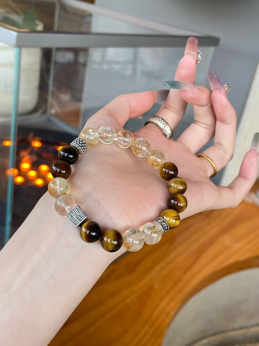 Natural Brown Tiger Eye & Yellow Crystal Beaded Bracelet for Men Women