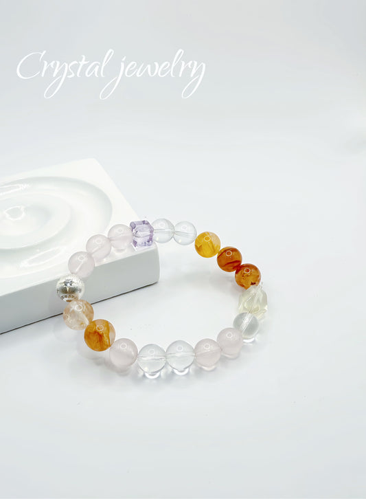 925 Silver Pink Crystal&Yellow&Amathyst Crystals Bracelet