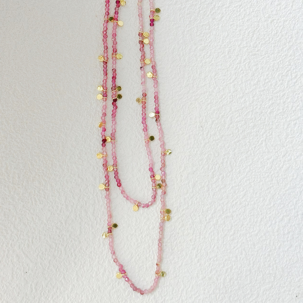 Nature Pink Tourmaline Necklace Two Layers / Silver with Gold Plated