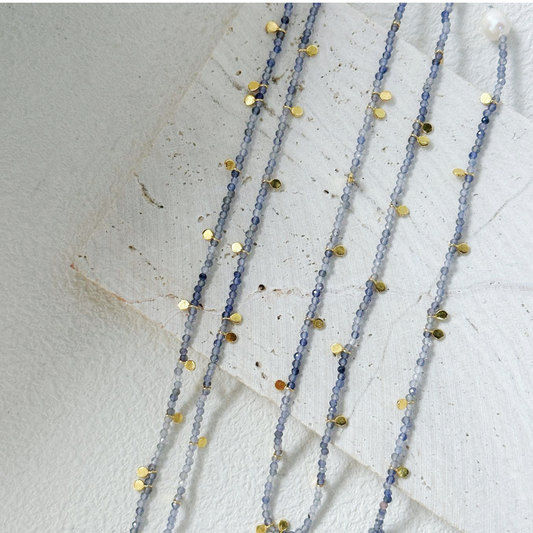 Blue Color Gemstone Necklace / Silver with Gold Plated / Two-layer