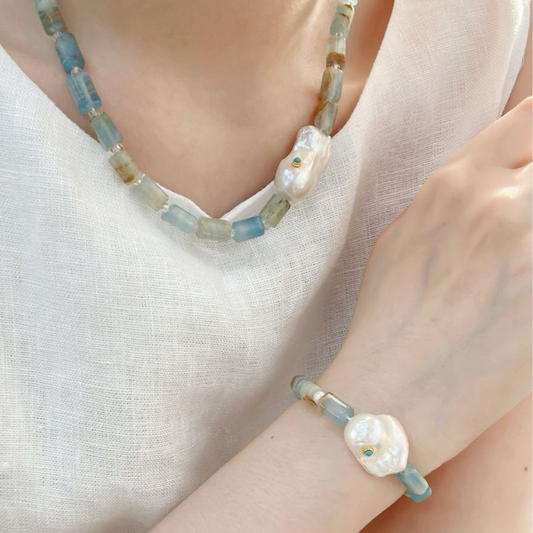 Blue Turquoise stone & Baroque Pearl  Necklace