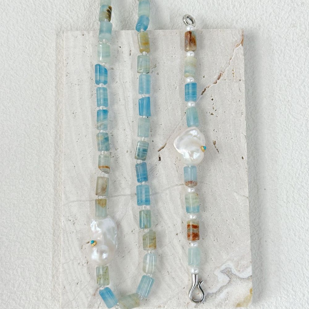 Blue Turquoise stone & Baroque Pearl  Necklace