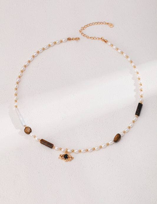 S925 Silver Nature Pearl Tiger Eye Necklace