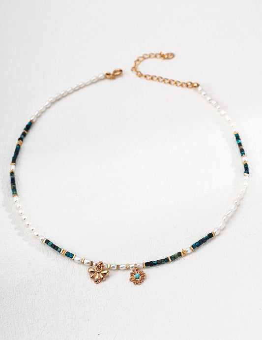 S925 Silver Natural Pearl Malachite Turquoise Necklace
