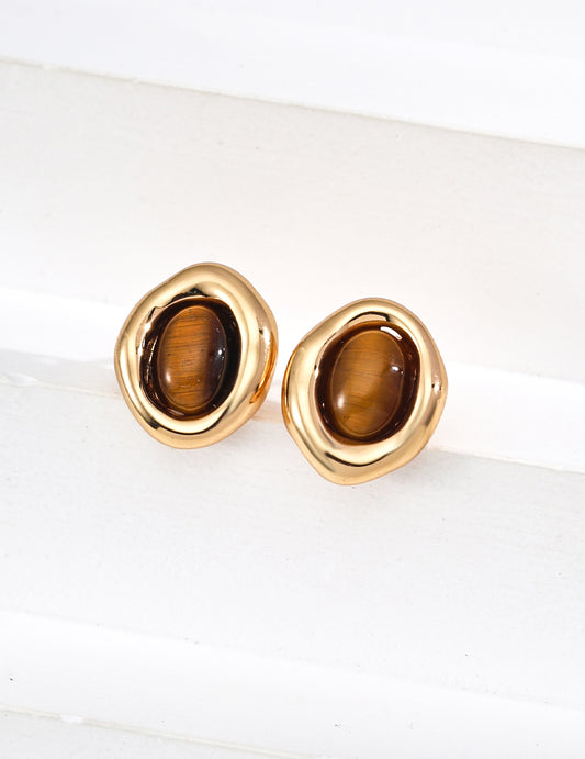 925 Silver Earring 18K Gold Plated with Tiger Eye Stone