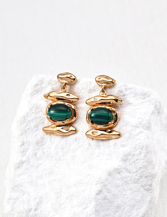 925 Silver Earring 18K Gold Plated with Malachite Stone