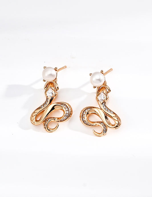 925 Silver Earring 18K Gold Plated in Snake Shaped with Nature Pearl and Crystals