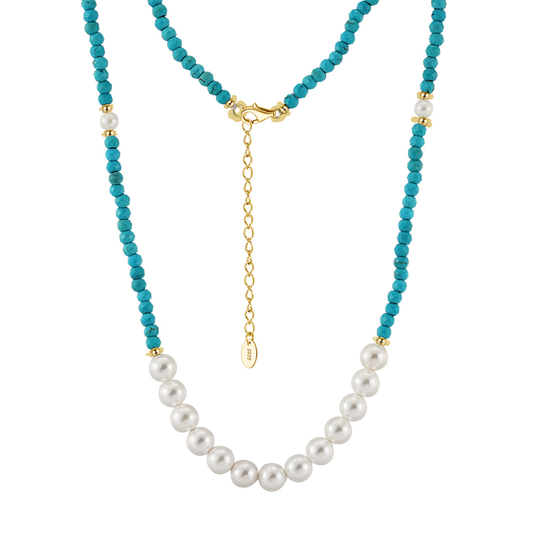925 Sterling Silver withTurquoise and Shell Pearl Necklace with 14K plated