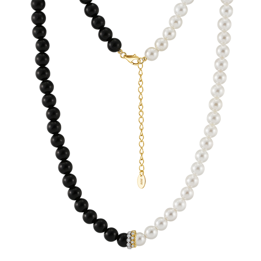 925 Sterling Silver with Obsidian and Shell Pearl Necklace with 14K plated