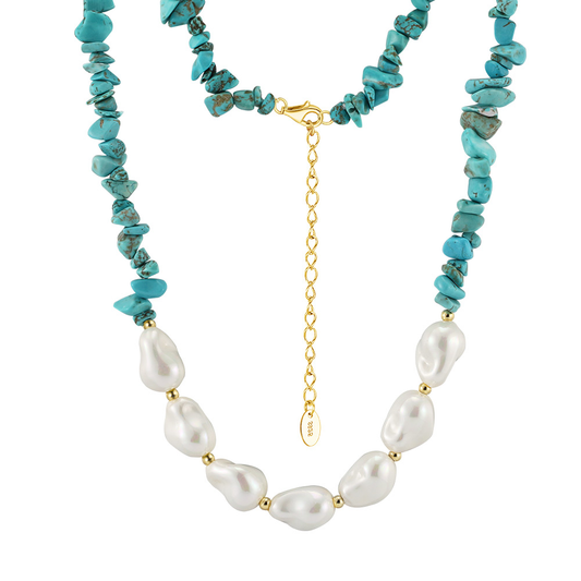 925 Sterling Silver with Turquoise  and  Baroque Pearl Necklace with 14K plated