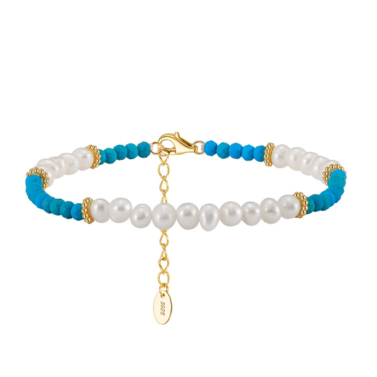 925 Sterling Silver Bracelet with Natural Freshwater Pearl& Turquoise/ 14K Gold Plated