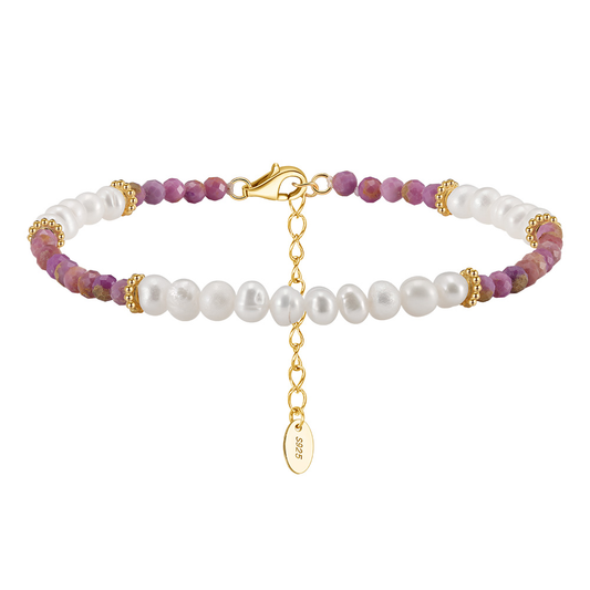 925 Sterling Silver Bracelet with Natural Freshwater Pearl& Purple Mica/ 14K Gold Plated