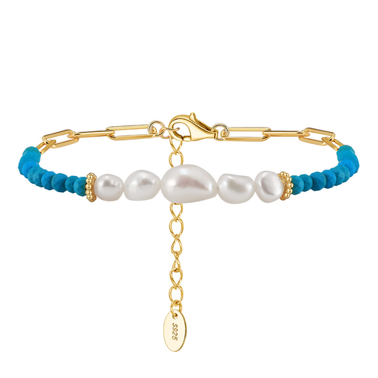 925 Sterling Silver Bracelet with Natural Freshwater Pearl& Turquoise/ 14K Gold Plated