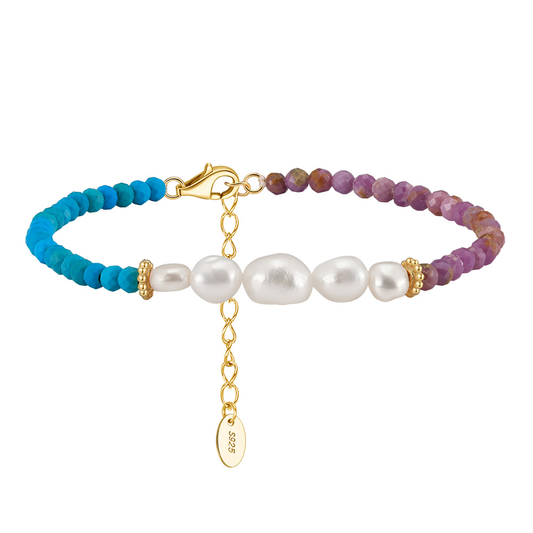 925 Sterling Silver with Natural Freshwater Pearl，Turquoise&Purple Mica 14K Plated