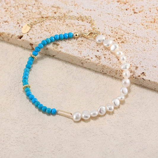 925 Sterling Silver Bracelet with Natural Freshwater Pearl& Turquoise/ 14K Gold Plated