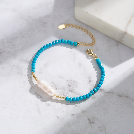 925 Sterling Silver Bracelet with Natural Freshwater Pearl& Turquoise/ 14K Gold Plated