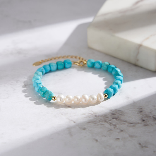925 Sterling Silver Bracelet with Natural Freshwater Pearl& Turquoise/ 14K Gold Plated