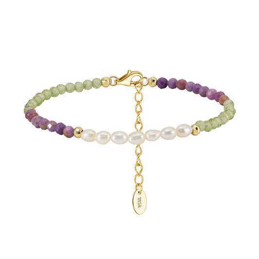 925 Sterling Silver Bracelet with Natural Freshwater Pearl,Peridot& Purple Mica/ 14K Gold Plated