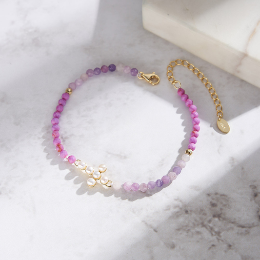 925 Sterling Silver Bracelet with Natural Freshwater Pearl& Purple Mica/ 14K Gold Plated