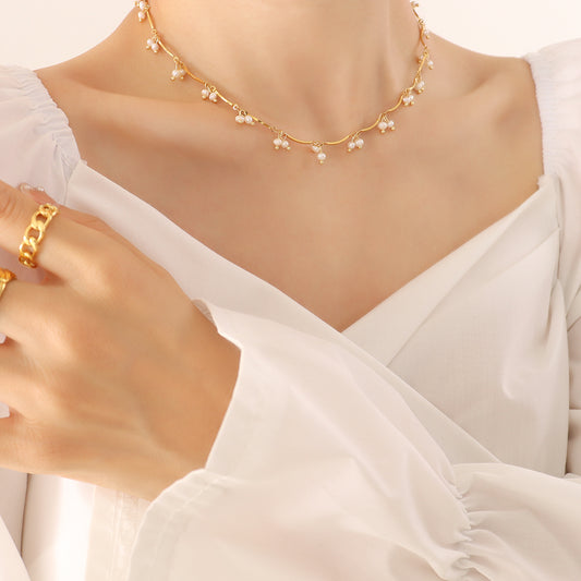 Handcrafted Stainless Steel 18K Gold Plated Necklace with Water Pearl/French Gentle Style