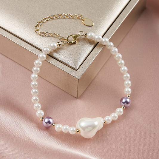 925 Sterling Silver Bracelet with Shell Pearl&Baroque 14K Gold Plated