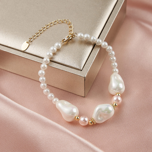 925 Sterling Silver Bracelet with Shell Pearl&Baroque 14K Gold Plated