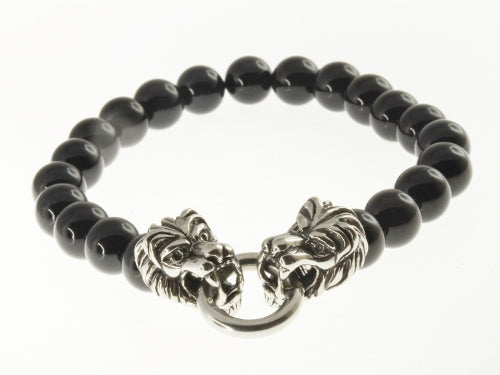 Stainless Steel Lion Heads Bracelet with Onyx Stone