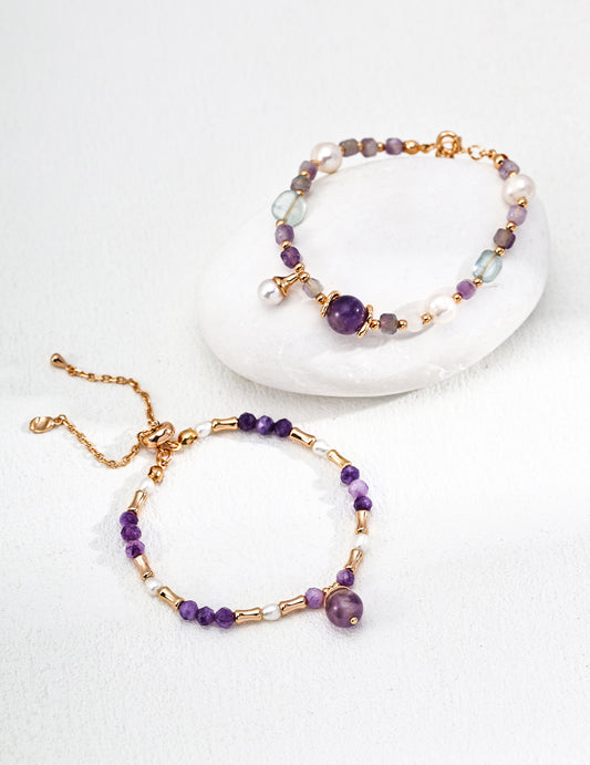 Amethyst Stone Silver Bracelet with 18k Gold Plated.