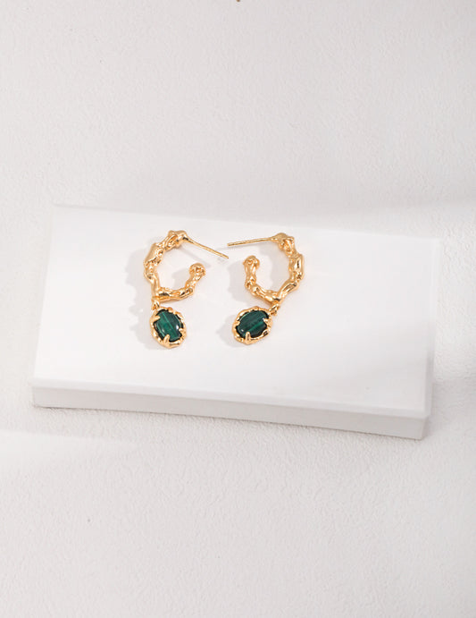 925 Silver Earring 18K Gold Plated Malachite Stone